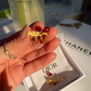 Authentic Christian Dior JADIOR  Gold Red Pearl Crystal Earrings Resin Dangle